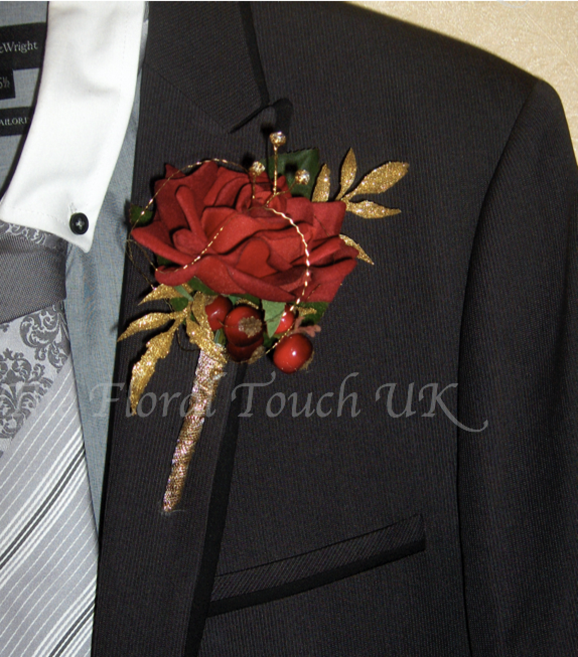 Deep Red Silk Rose with Gold Leaves and Red Berries